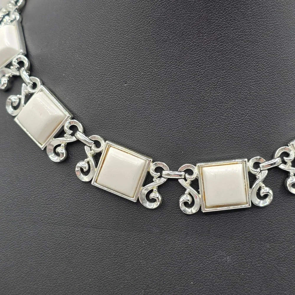 Vintage Charel Silver Tone White Thermoset Choker Necklace and Earring Set